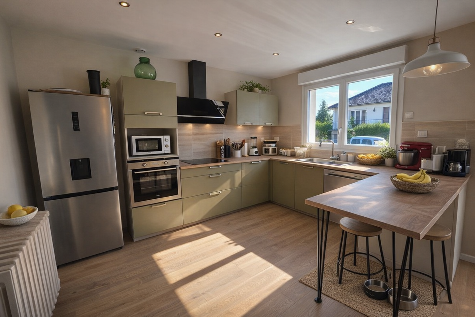 La cuisine s’organise autour d’un îlot central avec plan de travail en bois, idéal pour préparer les repas, partager un moment convivial ou prendre un petit déjeuner. Les tabourets hauts apportent une touche contemporaine tout en créant un véritable espace de vie.